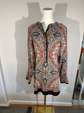 Theory Paisley Print Blouse — Navy, Red & Cream